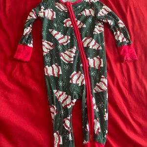 Bamboo Holiday Tree Print Zip One-Piece Pajamas - Green & Red